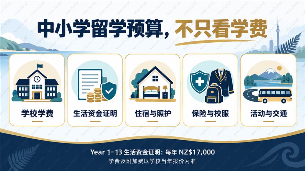新西兰中小学留学预算拆分信息图