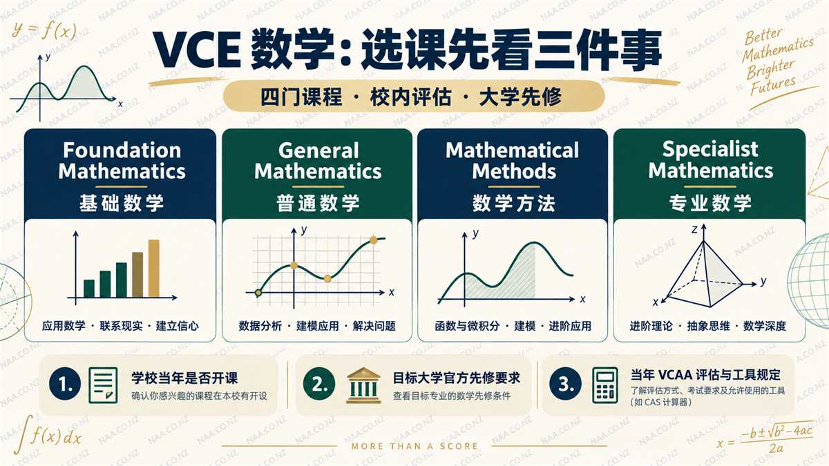 VCE 数学四门课程与选课核对点
