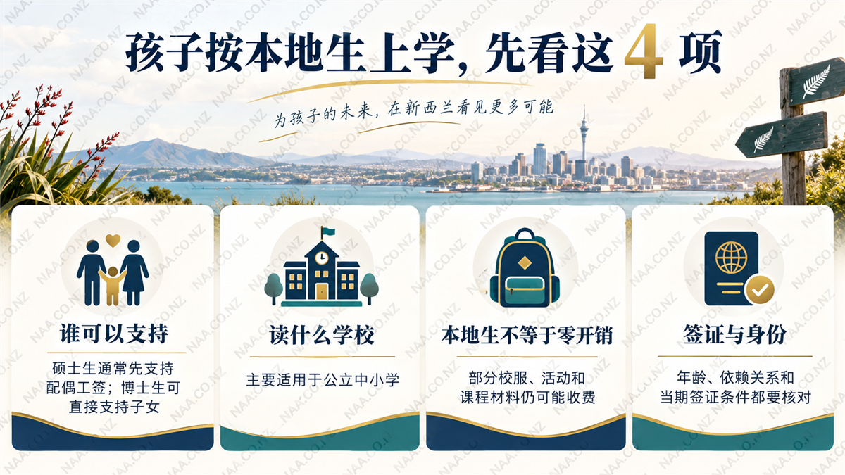 子女本地生资格:先有合适的 Dependent Child Student Visa,再确认学校阶段、家庭关系与费用边界