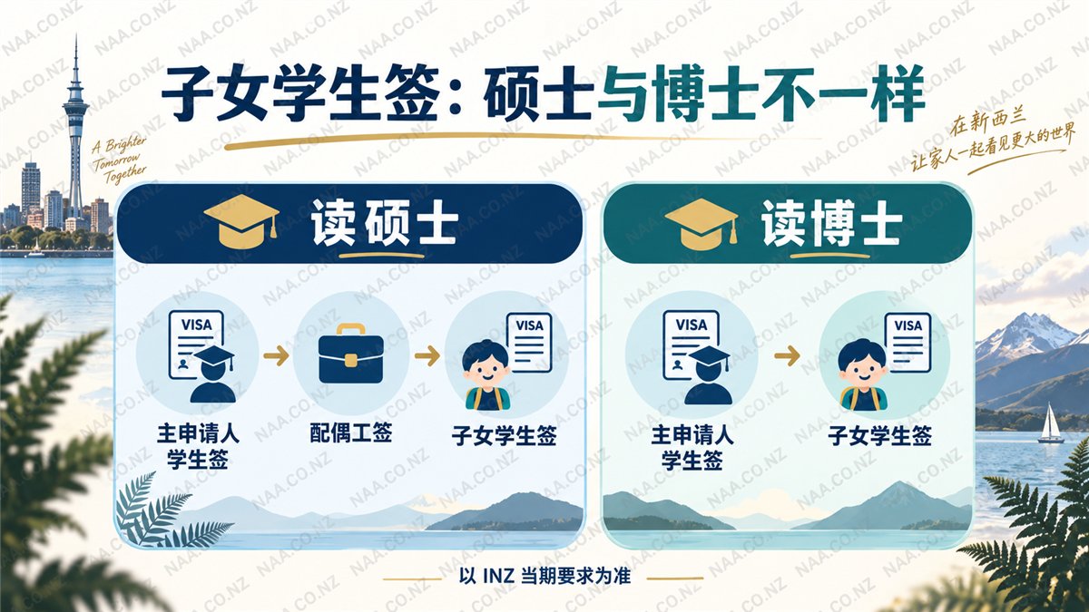 新西兰家庭随读两条路径:硕士通过配偶工签衔接子女签,博士可直接支持子女学生签