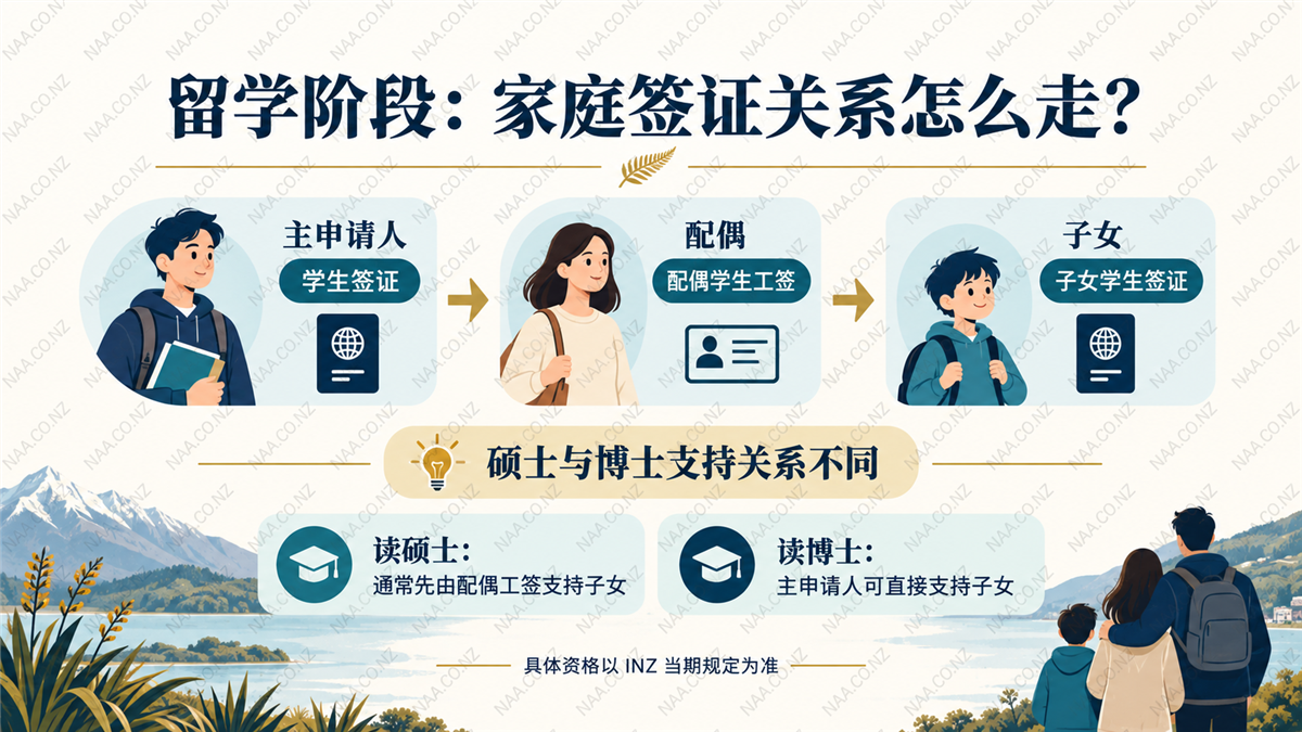 留学阶段签证关系:主申请人学生签,配偶学生伴侣工签,子女依托合格支持人申请学生签
